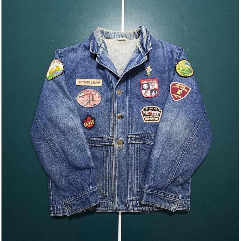 Vtg 60s 70s Denim Jacket With Souvenir Travel Patches Large USA‎ Rare Patches